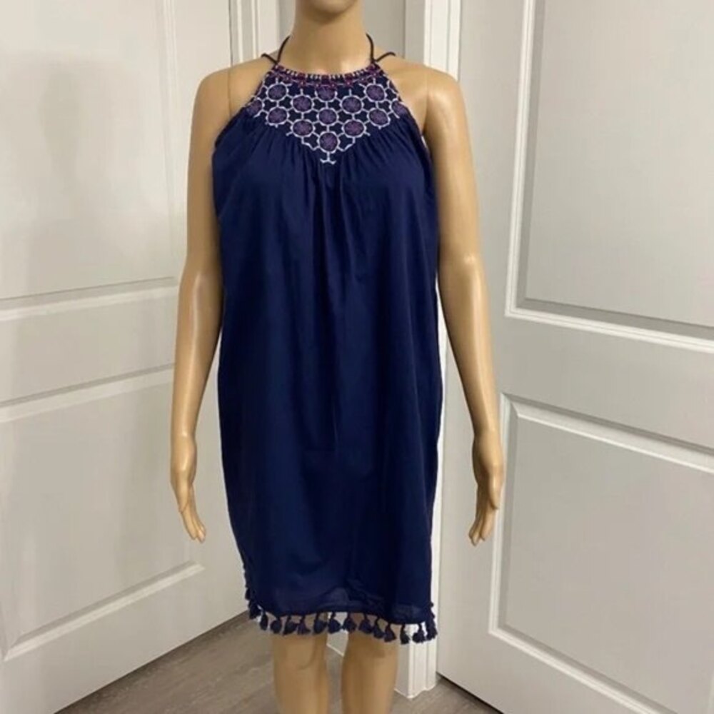 ANN TAYLOR LOFT EMBROIDERED TASSEL TRIM BOHO SWING Halter DRESS. Blue. Small.